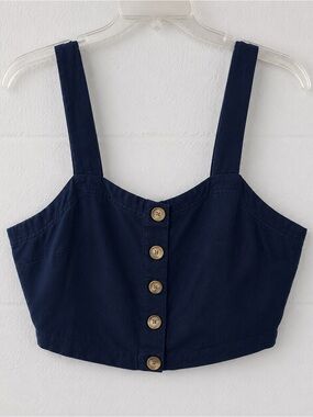 LOFT Petites Navy Linen Blend Button Front Crop Top SP
